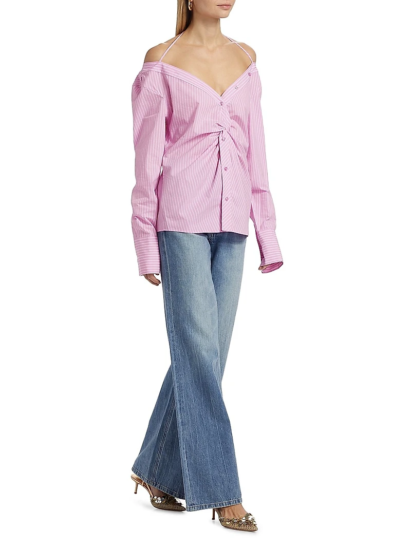 Pinstripe Off-the-Shoulder Shirt