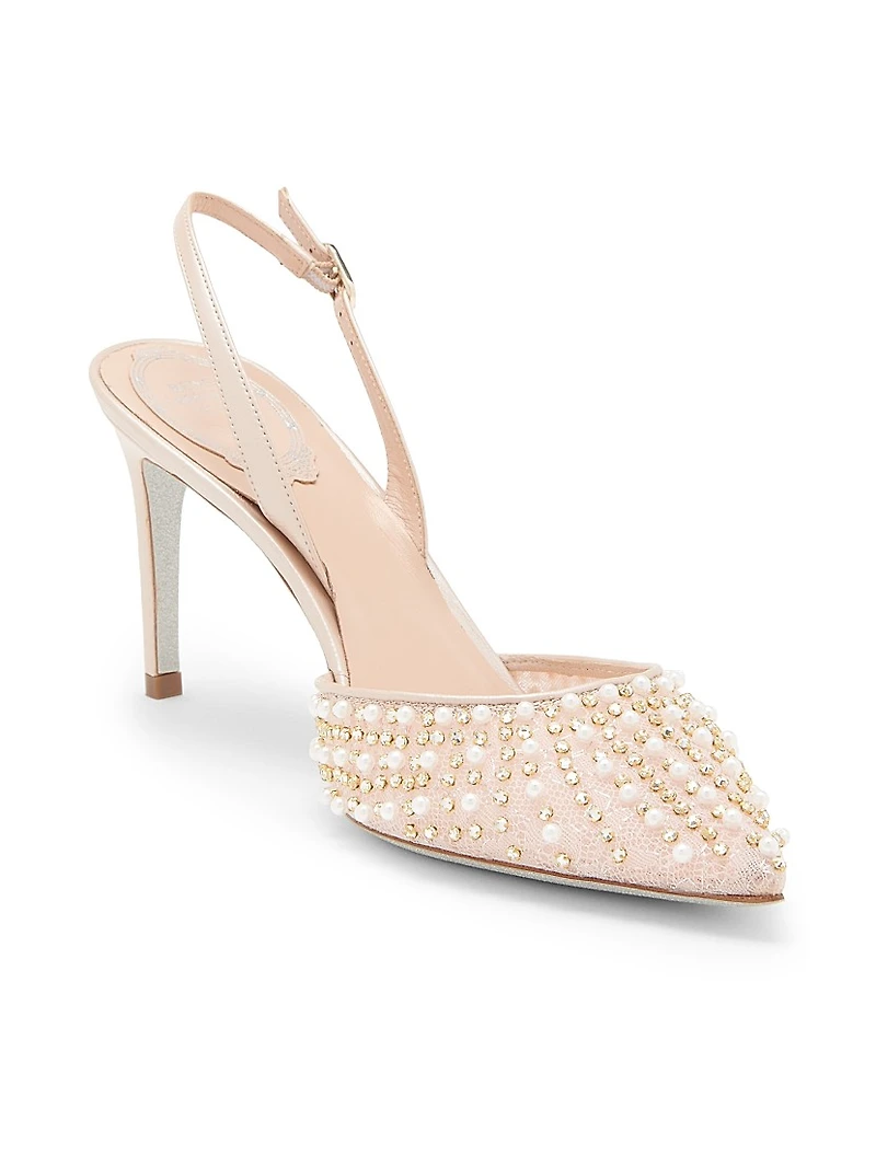 Embellished 80MM Lace Slingback Pumps