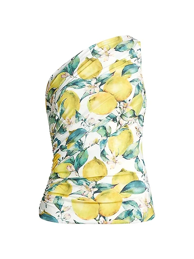 Onnys Lemon-Printed Ruched One-Shoulder Top