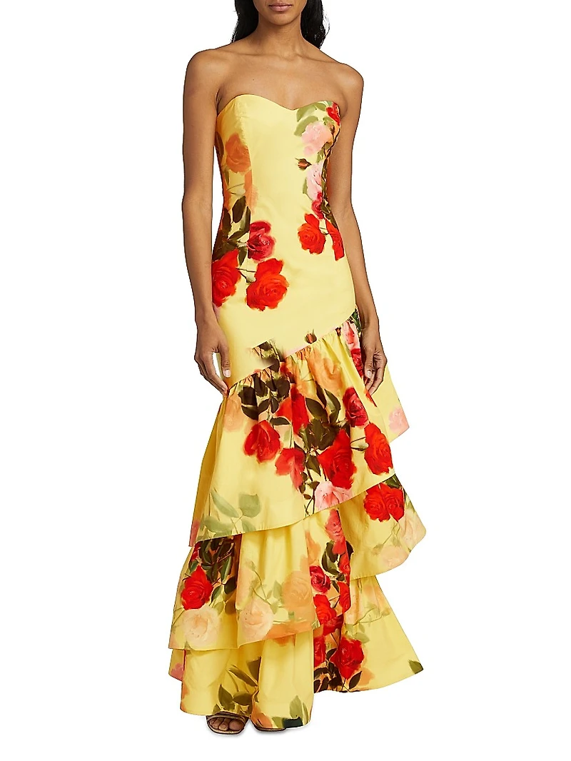 Willa Floral Strapless Ruffle Gown