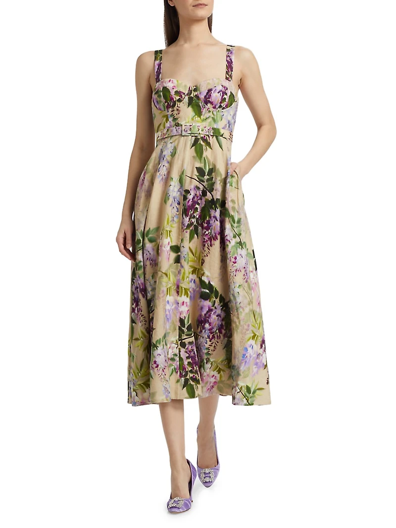 Calypso Floral Linen Midi-Dress