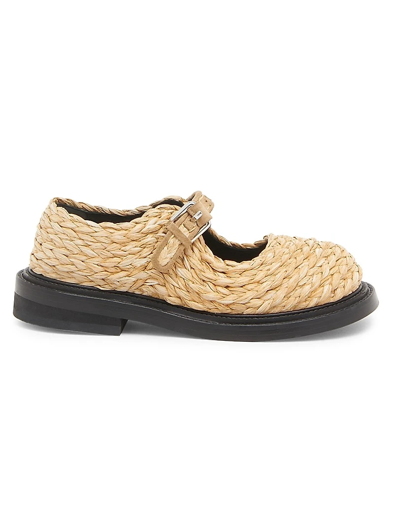 Suede-Trimmed Raffia Mary Janes
