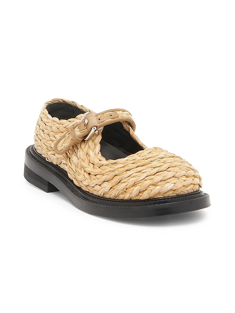 Suede-Trimmed Raffia Mary Janes