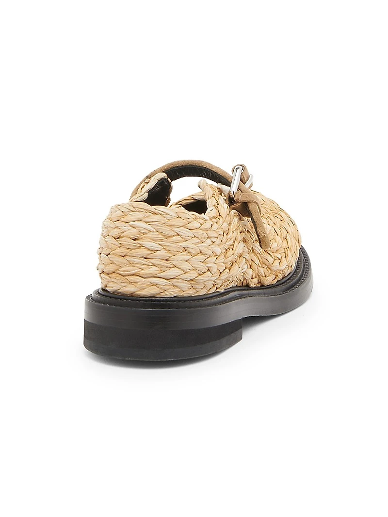 Suede-Trimmed Raffia Mary Janes