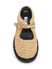 Suede-Trimmed Raffia Mary Janes
