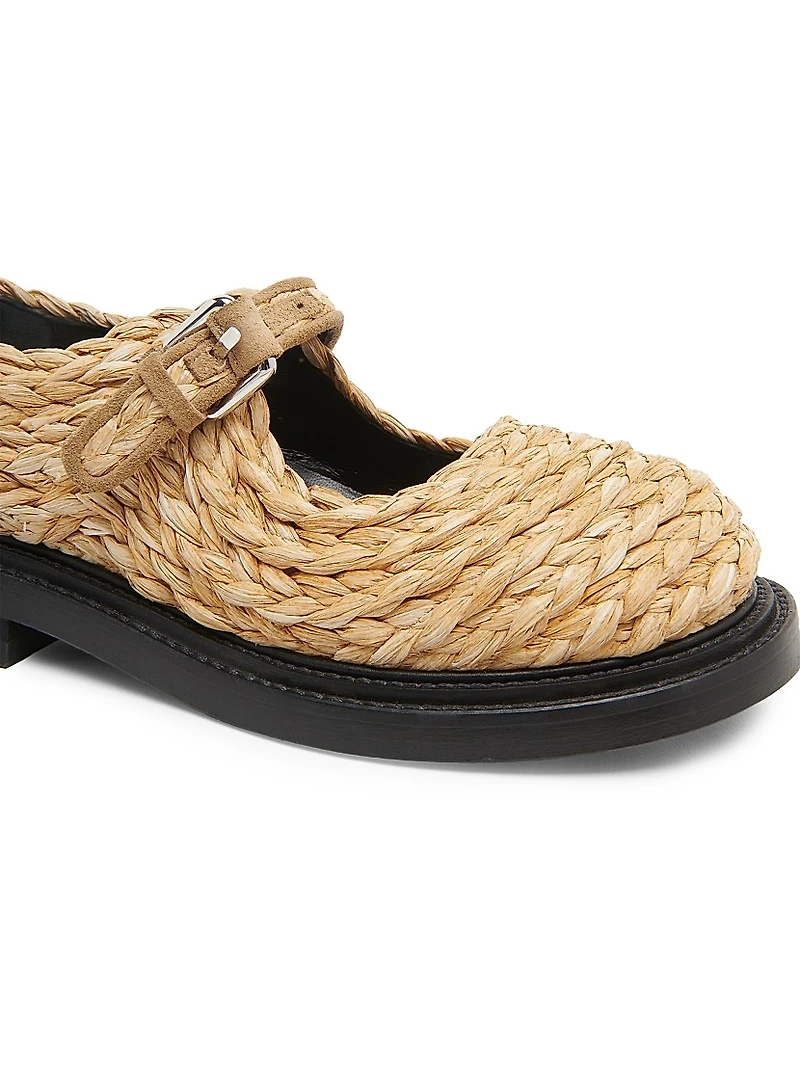 Suede-Trimmed Raffia Mary Janes