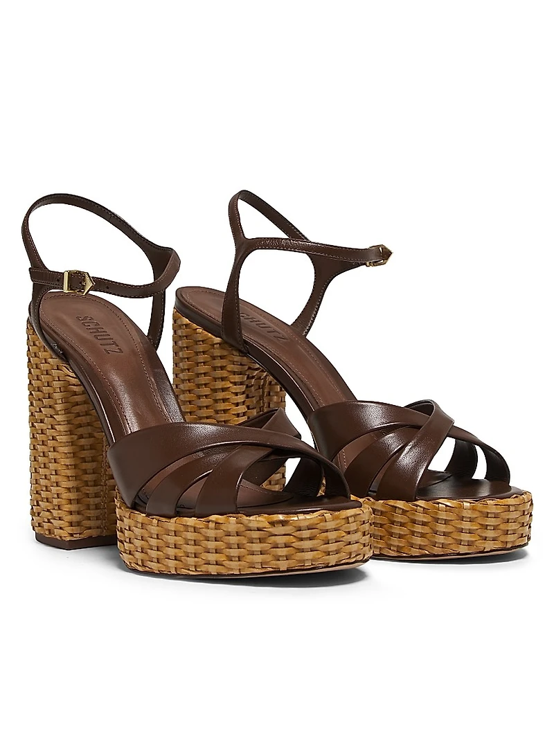 Keefa Leather & Straw Block-Heel Sandals