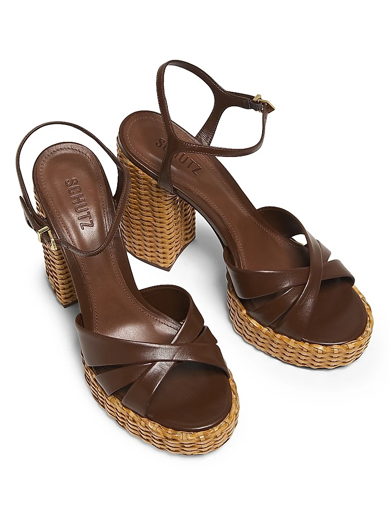 Keefa Leather & Straw Block-Heel Sandals