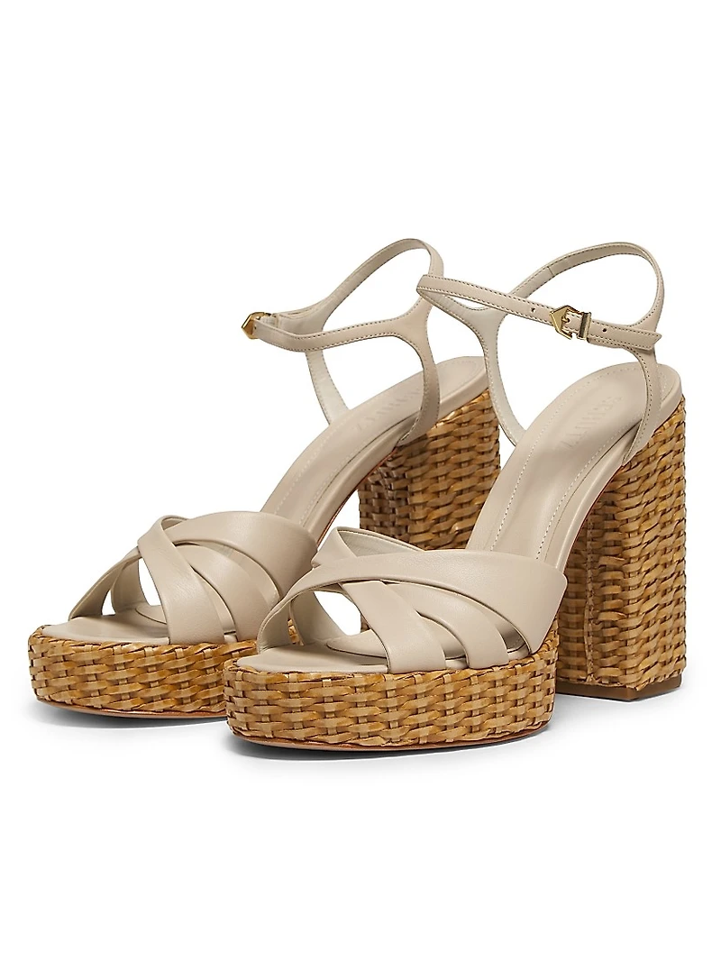 Keefa Leather & Straw Block-Heel Sandals