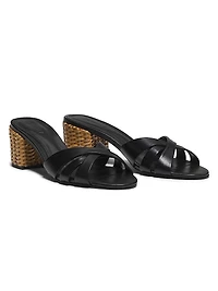 Keefa Mule 65MM Leather & Straw Block Heel Slip-On Sandals