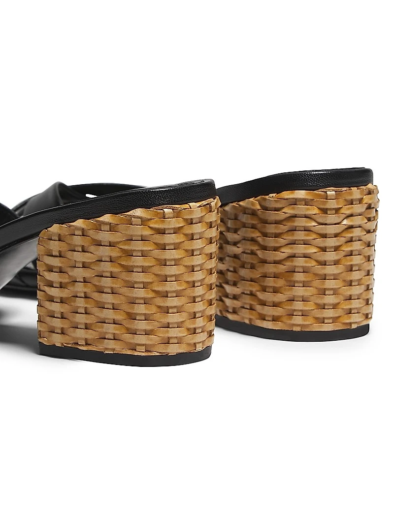 Keefa Mule 65MM Leather & Straw Block Heel Slip-On Sandals
