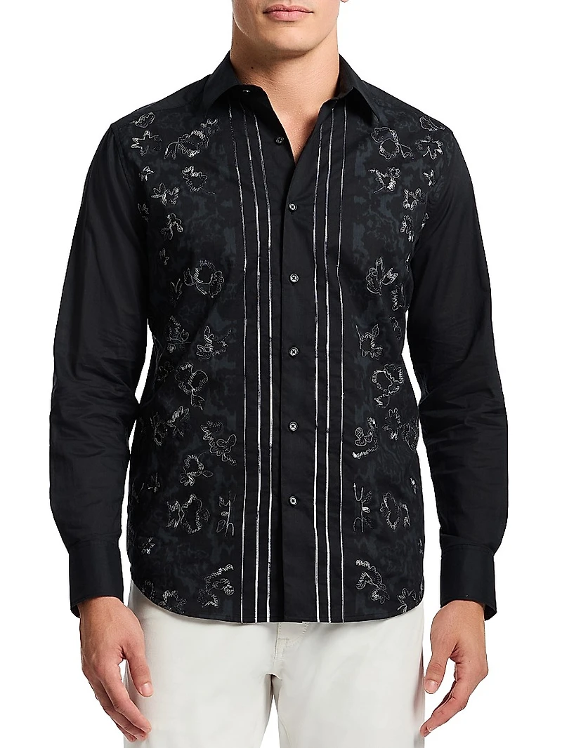 Havana Embroidered-Floral Cotton Button-Front Shirt