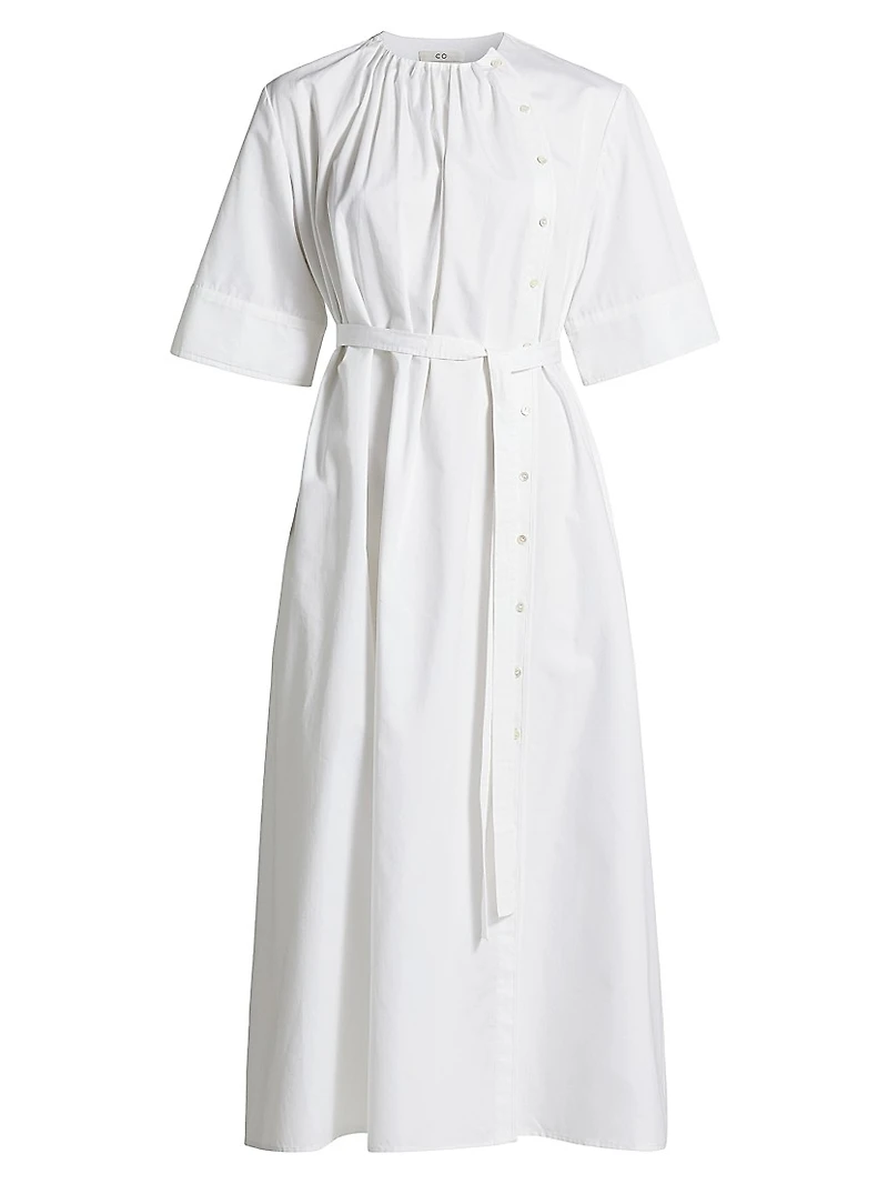 Gathered Belted Cotton Midi-Dress