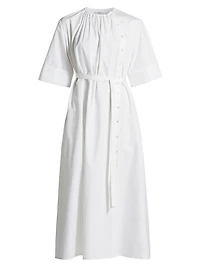 Gathered Belted Cotton Midi-Dress