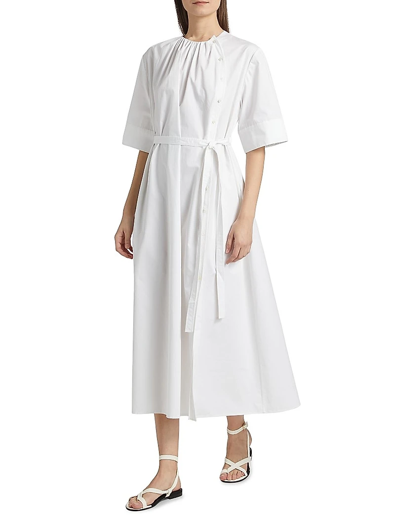 Gathered Belted Cotton Midi-Dress