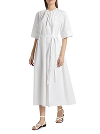 Gathered Belted Cotton Midi-Dress