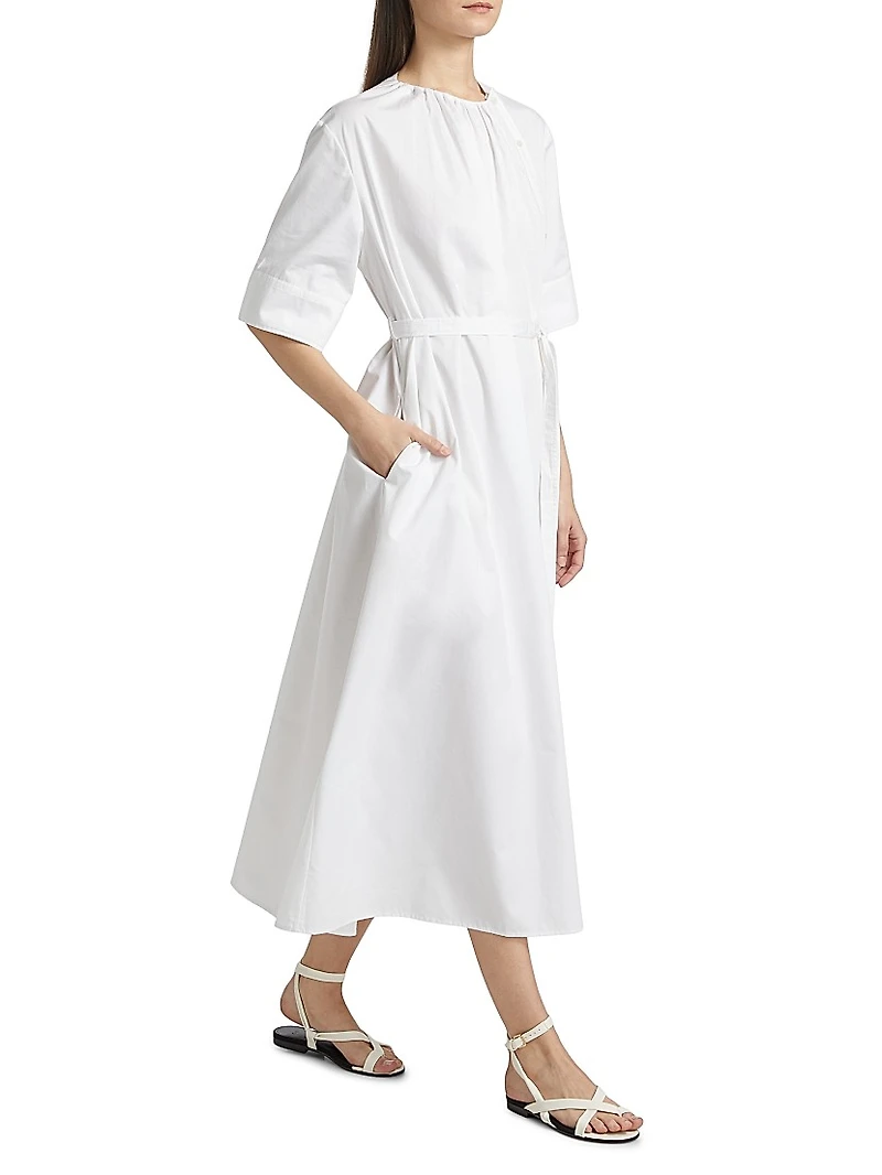Gathered Belted Cotton Midi-Dress