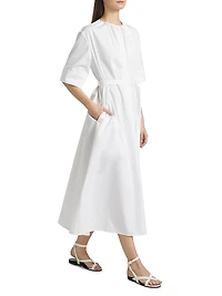 Gathered Belted Cotton Midi-Dress