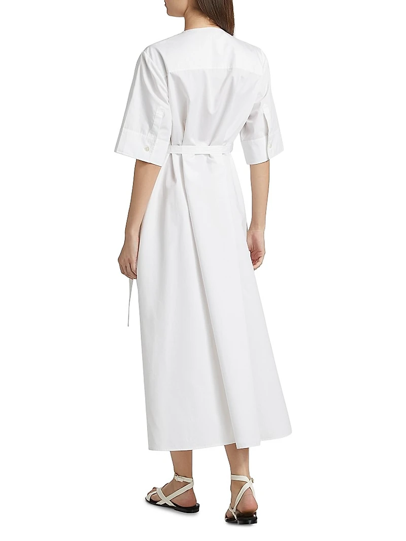 Gathered Belted Cotton Midi-Dress