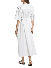 Gathered Belted Cotton Midi-Dress