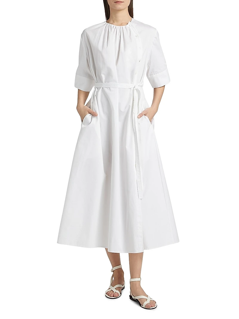 Gathered Belted Cotton Midi-Dress