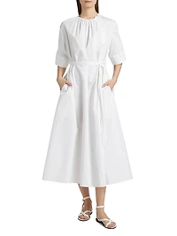 Gathered Belted Cotton Midi-Dress