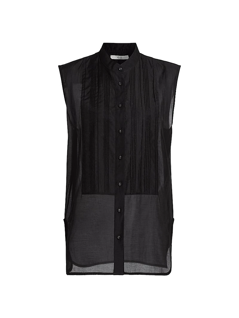 Sheer Cotton-Silk Sleeveless Tuxedo Shirt