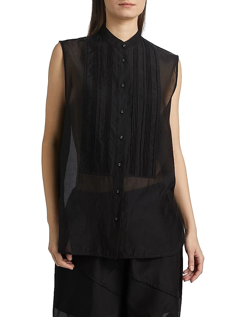 Sheer Cotton-Silk Sleeveless Tuxedo Shirt
