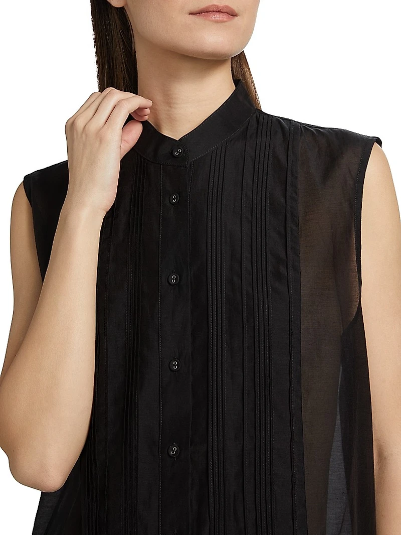 Sheer Cotton-Silk Sleeveless Tuxedo Shirt