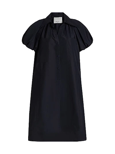 Satin Puff-Sleeve Mini Shirtdress