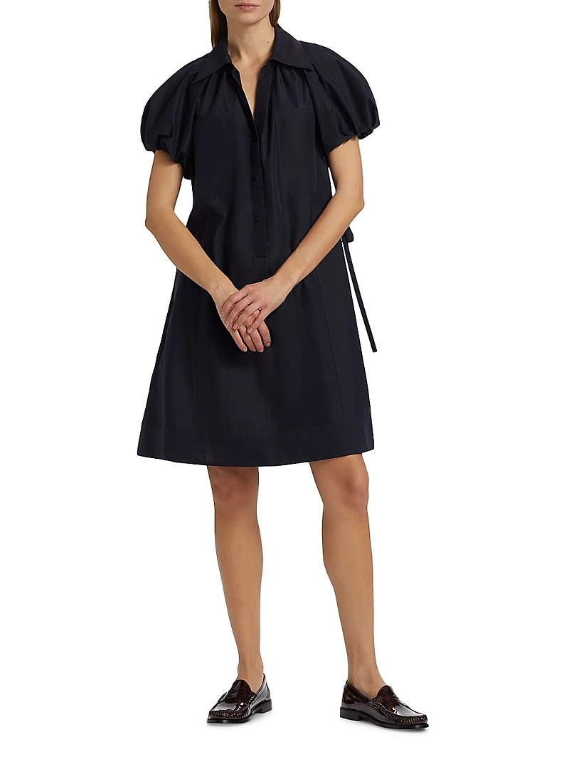 Satin Puff-Sleeve Mini Shirtdress