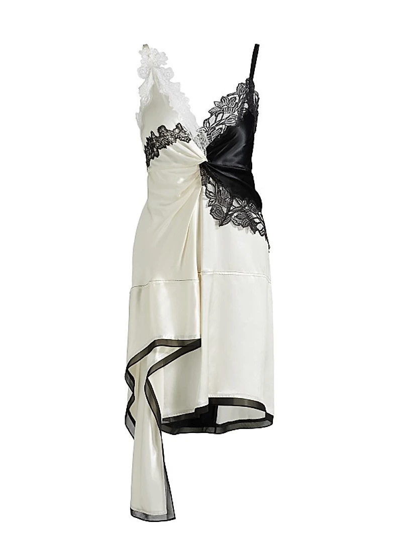 Asymmetrical Lace-Trim Satin Slip Dress