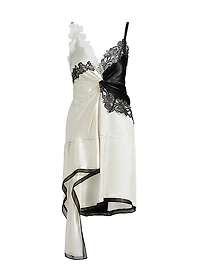 Asymmetrical Lace-Trim Satin Slip Dress