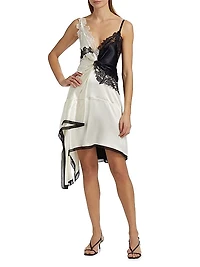 Asymmetrical Lace-Trim Satin Slip Dress