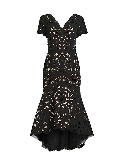V-Neck Laser-Cut Crepe Midi-Dress
