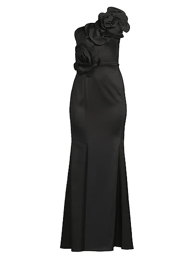 One-Shoulder Floral Appliqué Crepe Gown