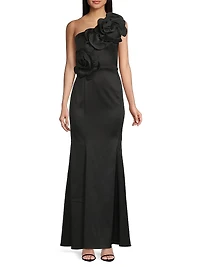 One-Shoulder Floral Appliqué Crepe Gown