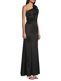 One-Shoulder Floral Appliqué Crepe Gown