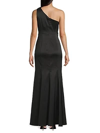 One-Shoulder Floral Appliqué Crepe Gown