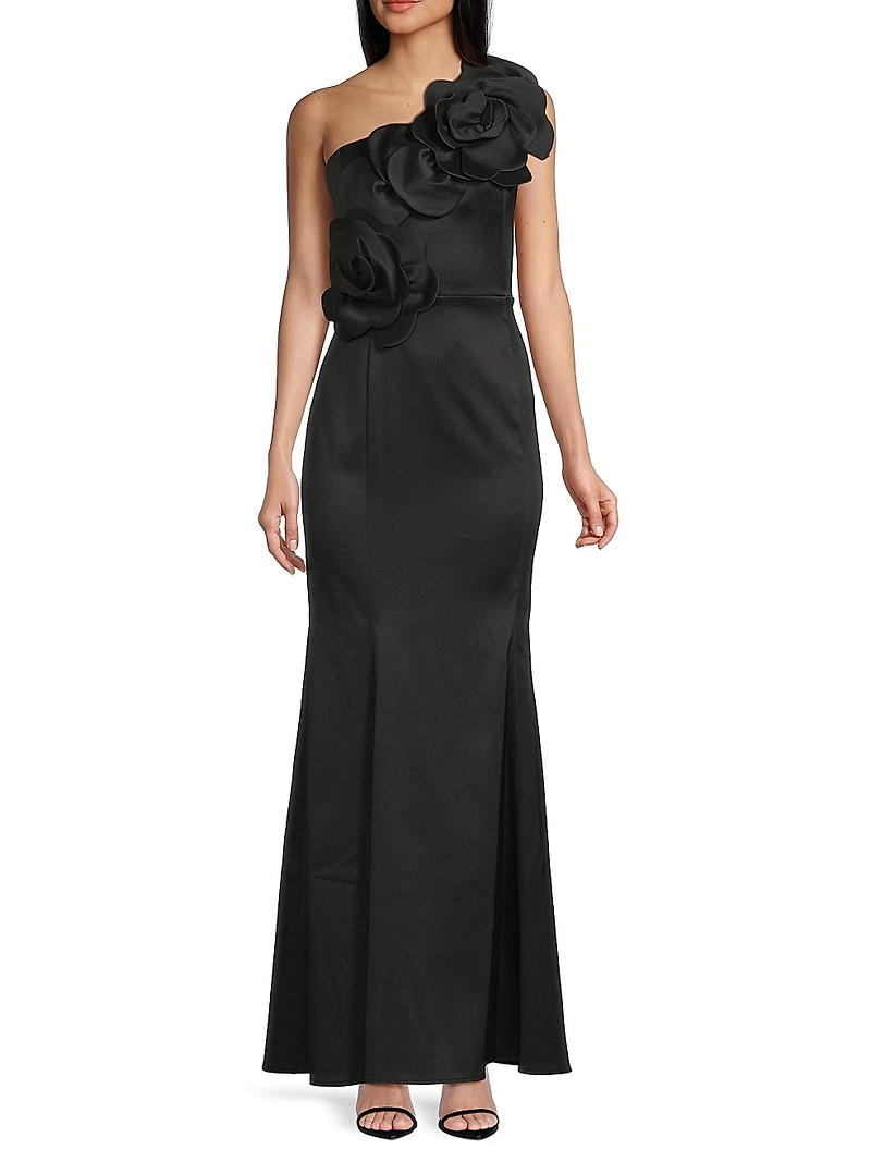 One-Shoulder Floral Appliqué Crepe Gown