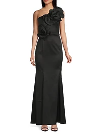 One-Shoulder Floral Appliqué Crepe Gown