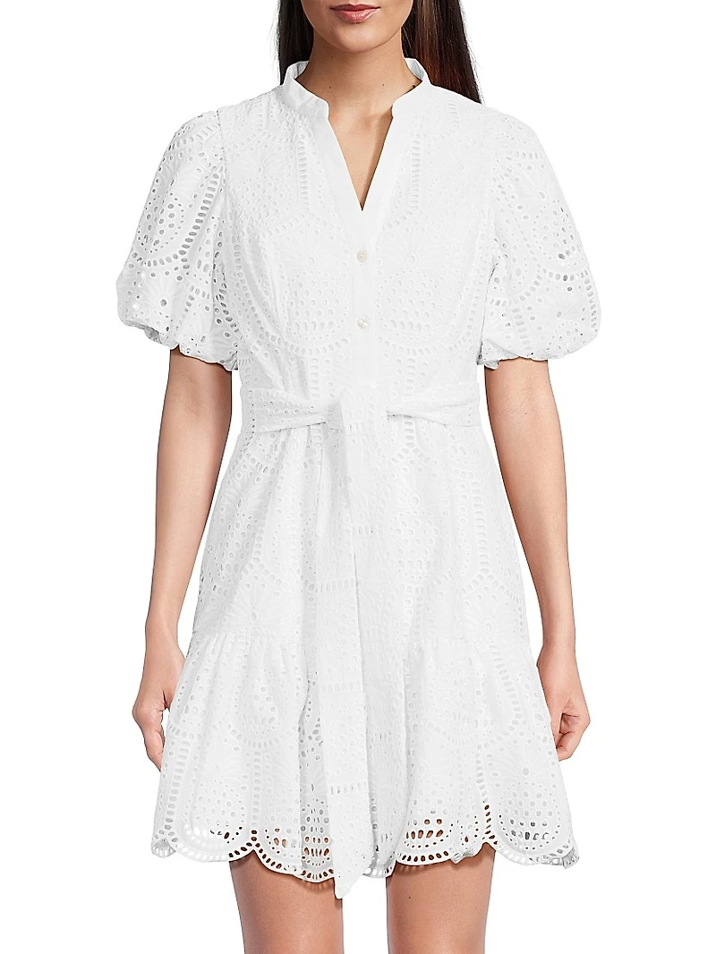 Cotton Tie-Waist Puff-Sleeve Minidress