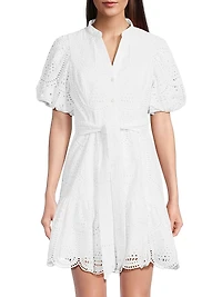 Cotton Tie-Waist Puff-Sleeve Minidress