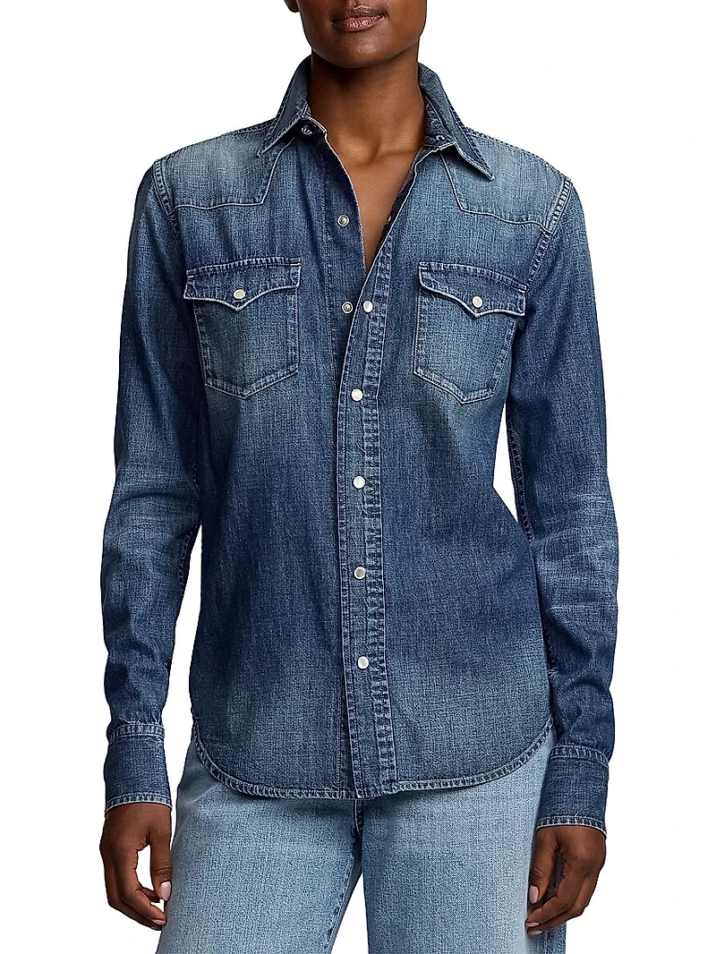 Denim Snap-Front Long-Sleeve Top