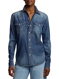 Denim Snap-Front Long-Sleeve Top