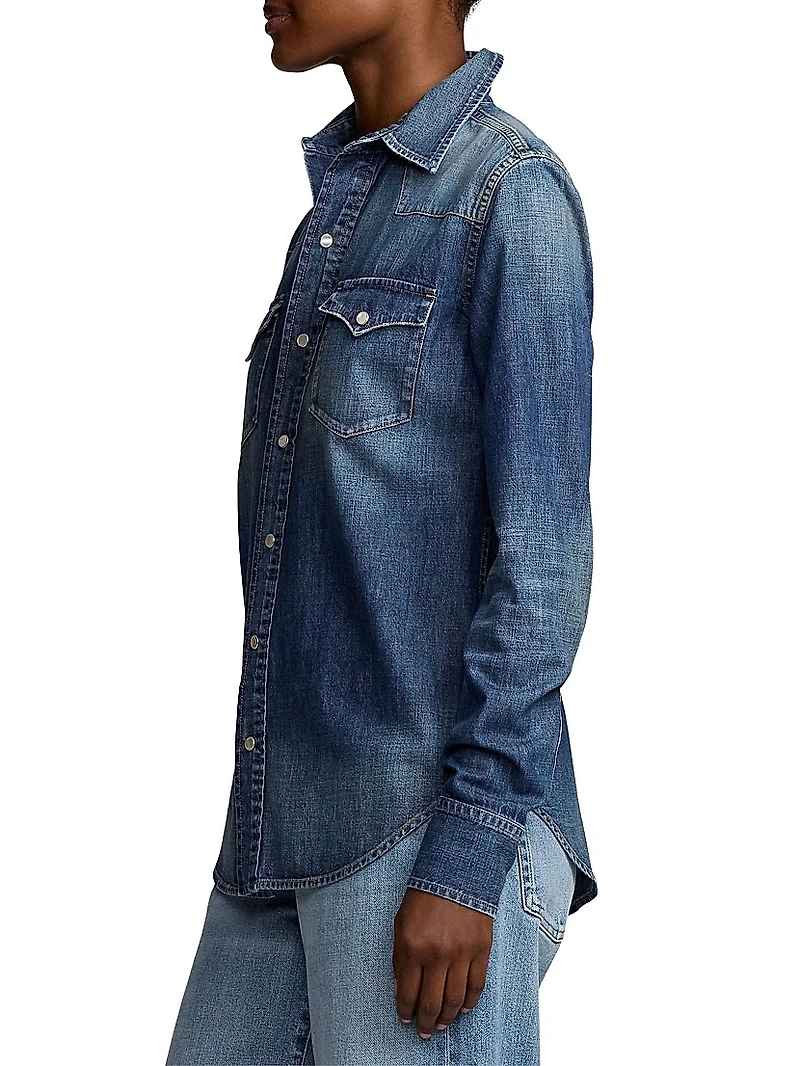 Denim Snap-Front Long-Sleeve Top