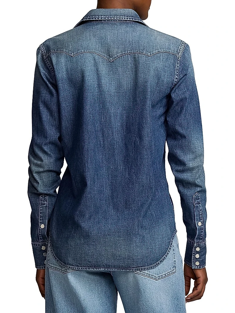 Denim Snap-Front Long-Sleeve Top