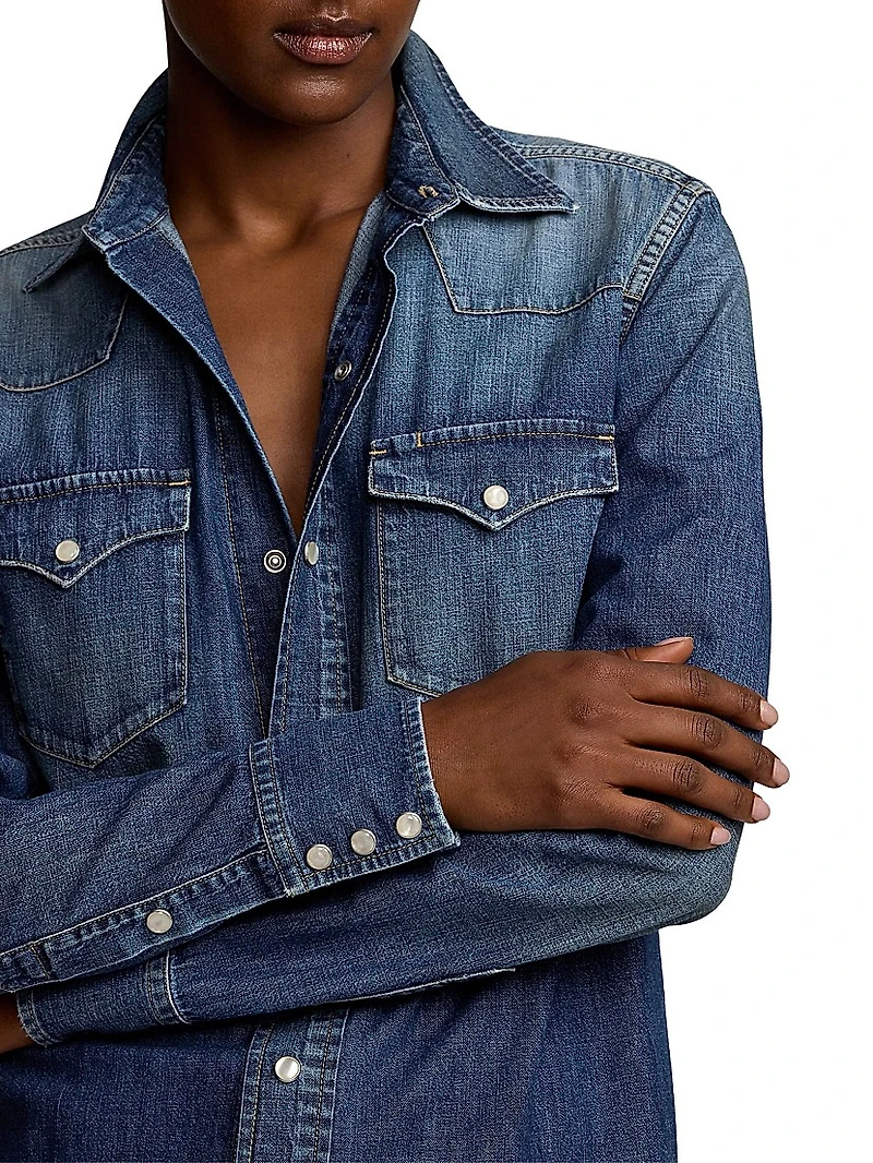 Denim Snap-Front Long-Sleeve Top