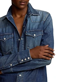 Denim Snap-Front Long-Sleeve Top