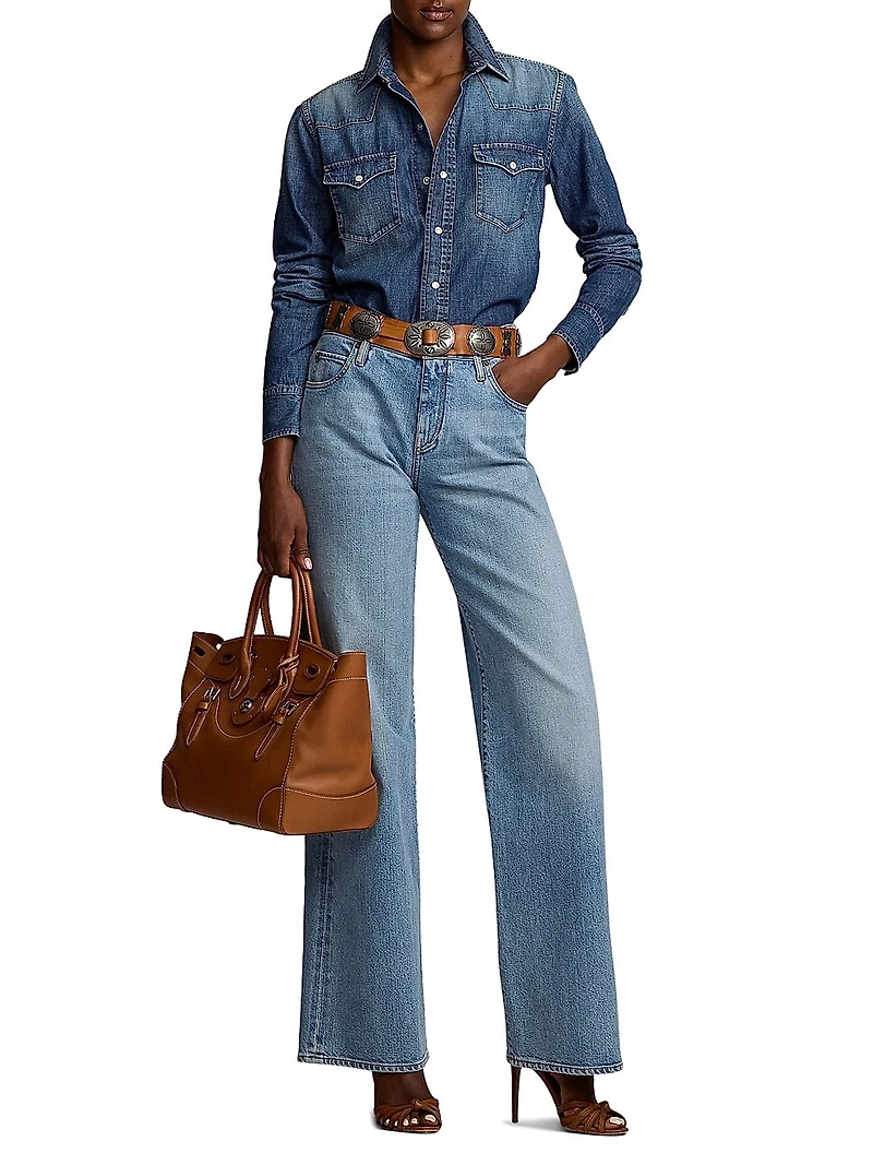 Denim Snap-Front Long-Sleeve Top